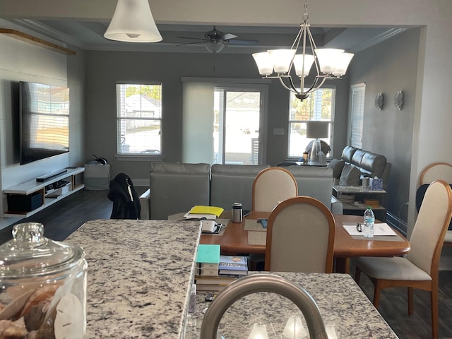 dining space featuring ceiling fan with notable chandelier, ornamental molding, dark hardwood / wood-style flooring, and a healthy amount of sunlight