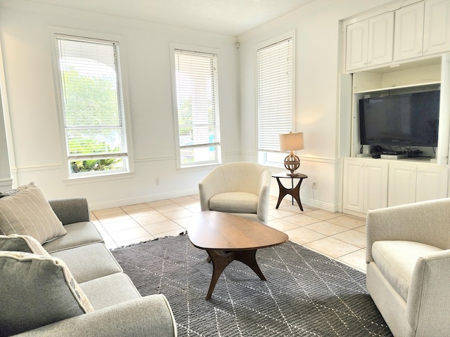 living room with crown molding and light tile patterned floors