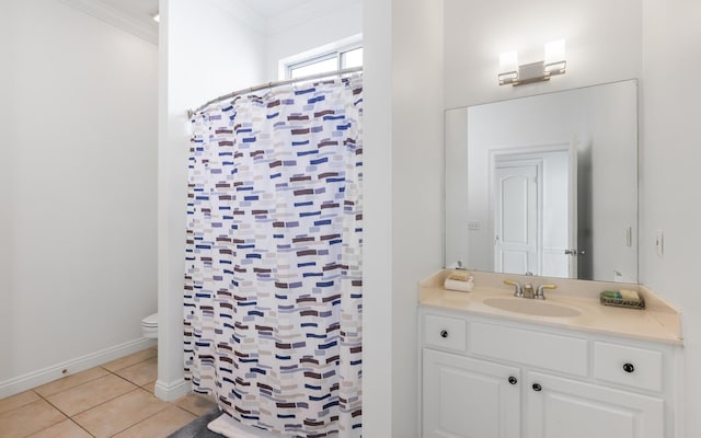 bathroom featuring crown molding, tile patterned flooring, a shower with shower curtain, vanity, and toilet