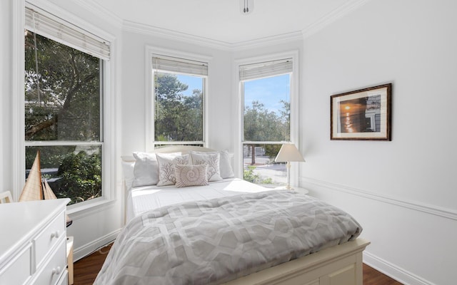 bedroom with crown molding and dark hardwood / wood-style floors