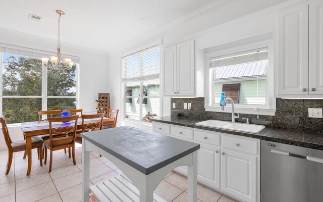 kitchen featuring sink, hanging light fixtures, white cabinets, and dishwasher