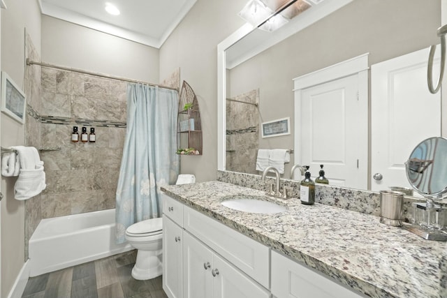 full bathroom with hardwood / wood-style flooring, vanity, toilet, and shower / tub combo with curtain