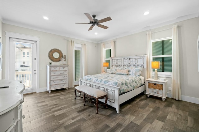 bedroom with access to outside, ceiling fan, dark hardwood / wood-style floors, and ornamental molding