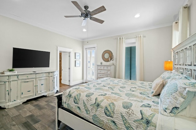 bedroom featuring dark hardwood / wood-style floors, ceiling fan, and ornamental molding