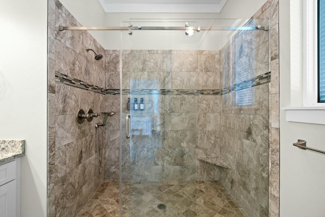 bathroom featuring vanity and a shower with shower door