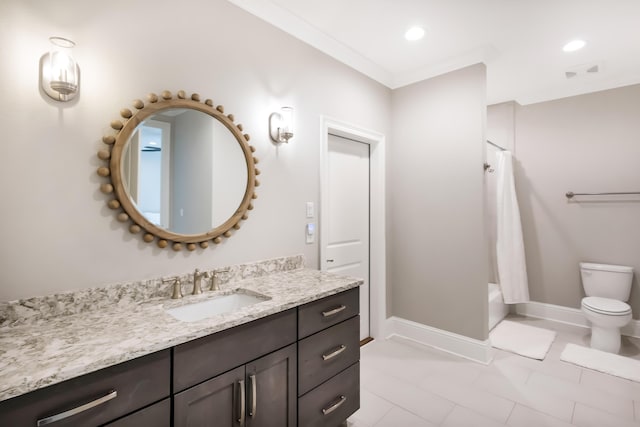 full bathroom featuring tile patterned floors, shower / bath combo with shower curtain, vanity, and toilet