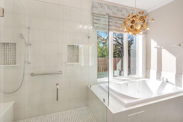 bathroom featuring shower with separate bathtub and crown molding