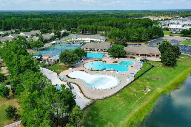 bird's eye view with a water view