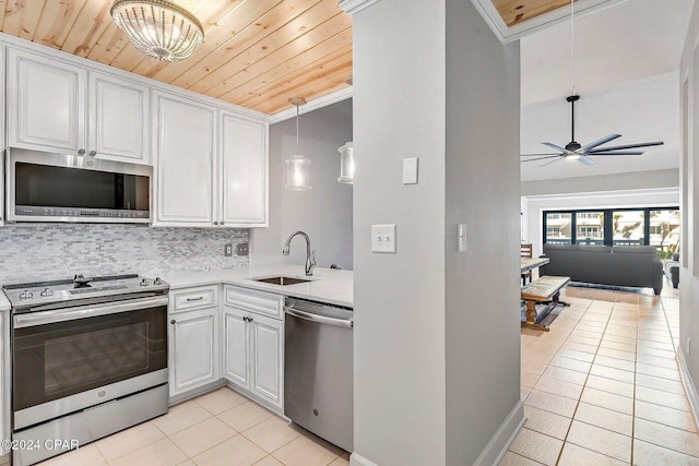 kitchen featuring wooden ceiling, sink, light tile patterned flooring, white cabinetry, and stainless steel appliances