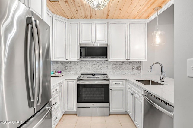 kitchen with white cabinetry, sink, hanging light fixtures, stainless steel appliances, and wood ceiling