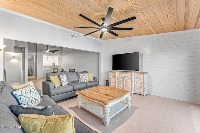 living room featuring crown molding, wood walls, and wood ceiling