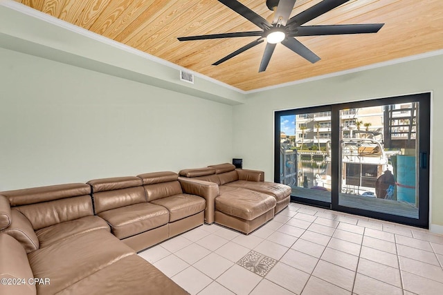 unfurnished living room with ceiling fan, wooden ceiling, ornamental molding, and light tile patterned floors