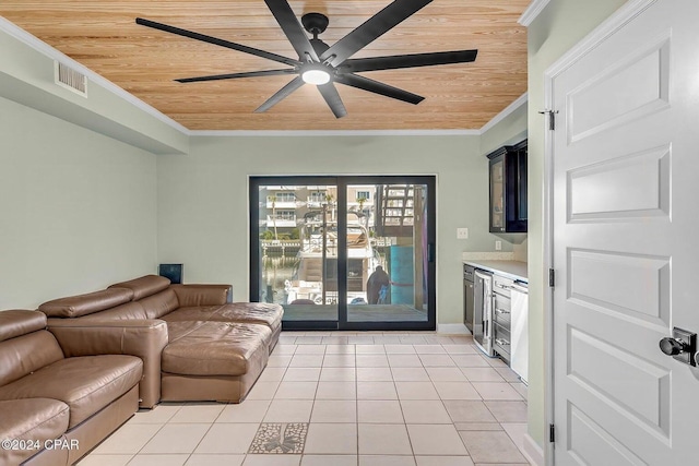 tiled living room featuring ceiling fan, wooden ceiling, crown molding, and beverage cooler