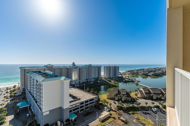 drone / aerial view with a water view