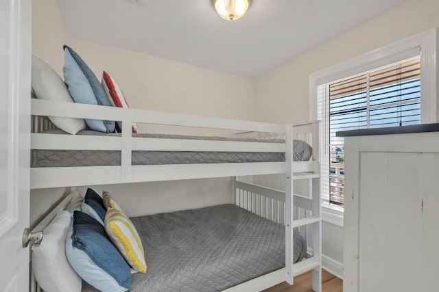 bedroom featuring wood-type flooring and multiple windows