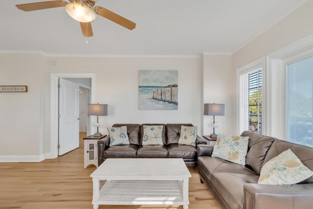 living room featuring ceiling fan, light wood-type flooring, and ornamental molding