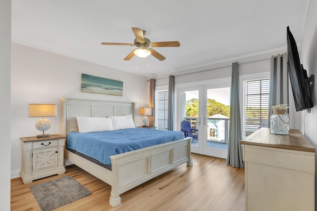 bedroom featuring light wood-type flooring, access to outside, ceiling fan, and crown molding