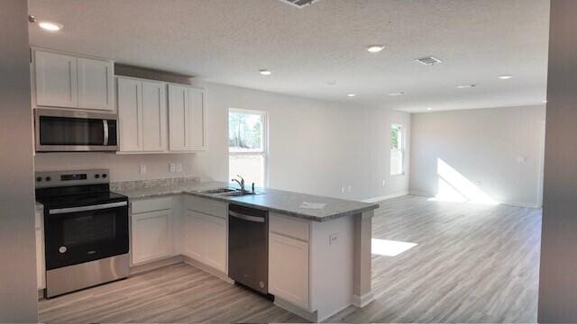 kitchen featuring white cabinetry, sink, stainless steel appliances, kitchen peninsula, and light hardwood / wood-style floors