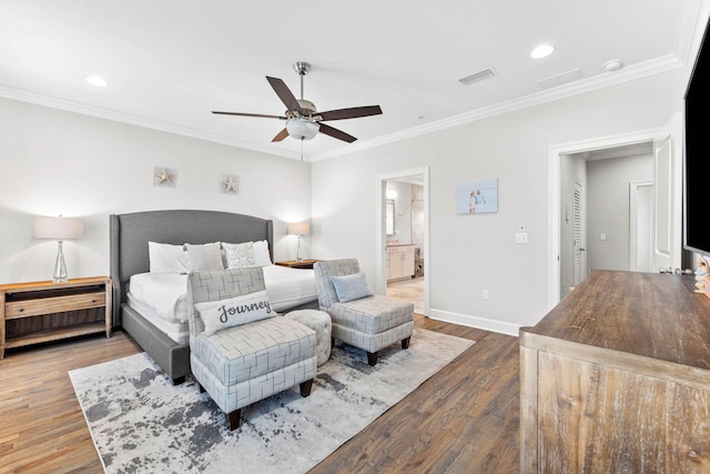 bedroom with ornamental molding, ceiling fan, and dark wood-type flooring