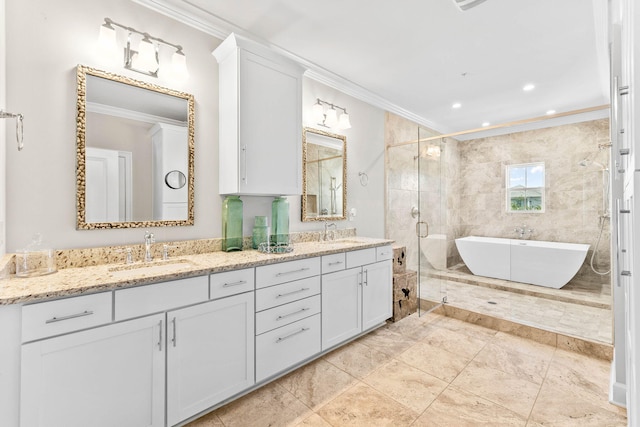 bathroom with shower with separate bathtub, vanity, and ornamental molding