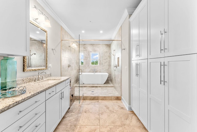 bathroom with vanity, ornamental molding, and shower with separate bathtub