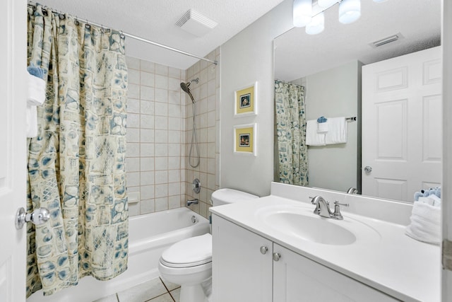 full bathroom featuring tile patterned flooring, shower / tub combo, a textured ceiling, and toilet