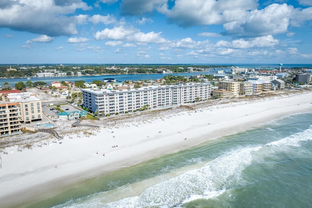 bird's eye view with a view of the beach and a water view