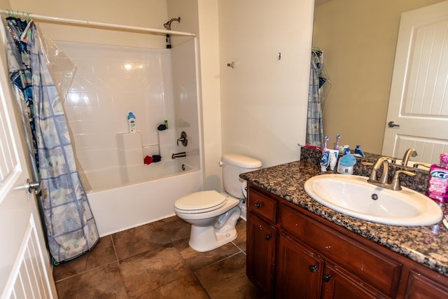 full bathroom with tile patterned floors, vanity, shower / bathtub combination with curtain, and toilet