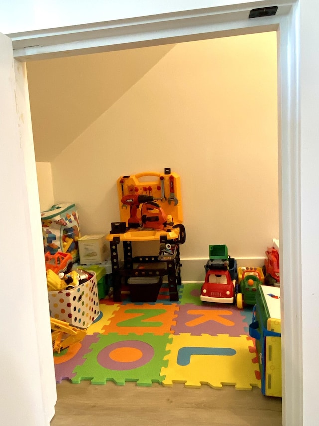 interior space with hardwood / wood-style floors and lofted ceiling