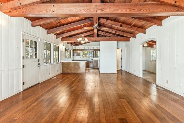 unfurnished living room featuring hardwood / wood-style flooring, wood ceiling, and lofted ceiling with beams