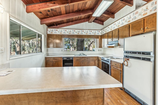 kitchen featuring sink, range with electric cooktop, black dishwasher, kitchen peninsula, and white fridge