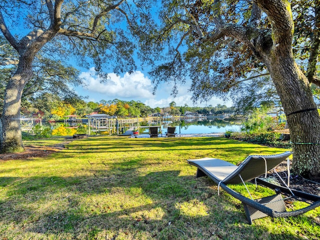 view of home's community with a yard and a water view