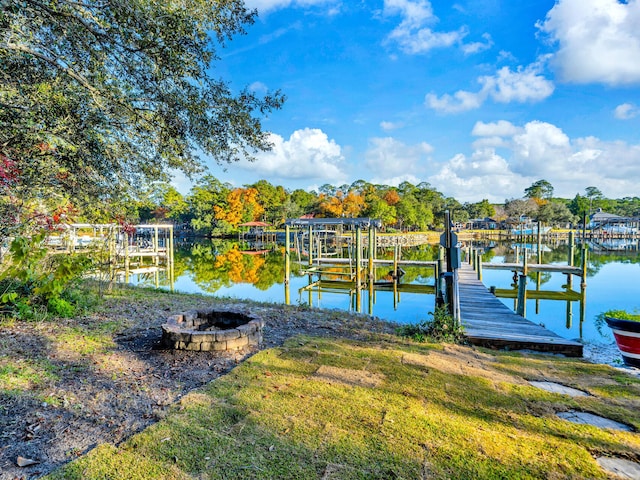 dock area featuring a water view and an outdoor fire pit