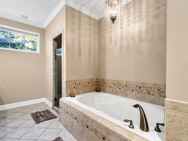 bathroom featuring tile patterned flooring, an inviting chandelier, independent shower and bath, and ornamental molding