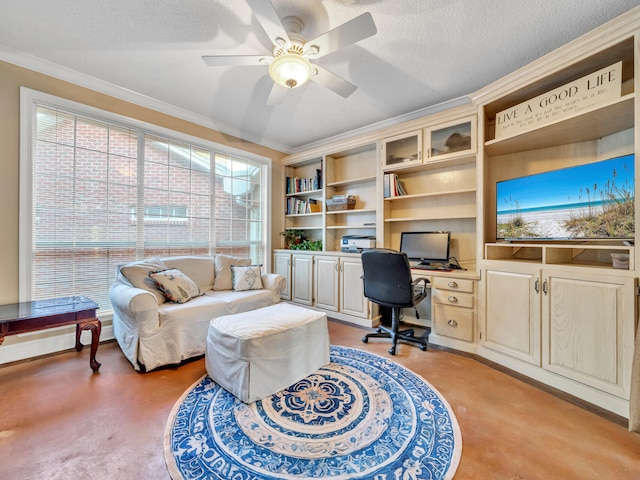 home office featuring light carpet, a textured ceiling, ceiling fan, and ornamental molding