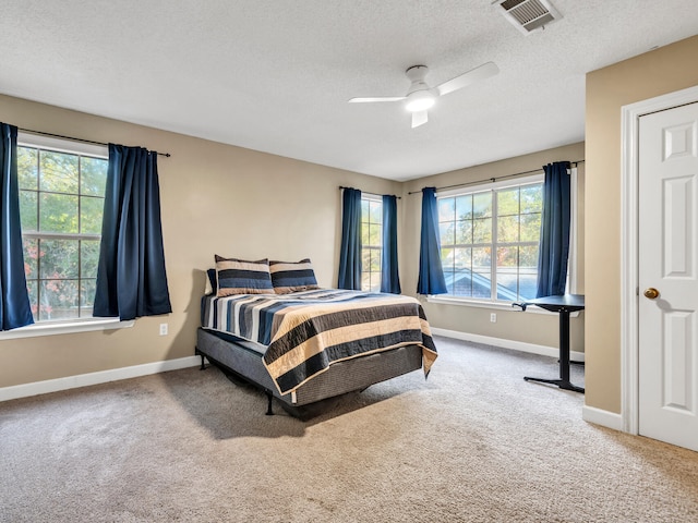 bedroom with carpet flooring, ceiling fan, a textured ceiling, and multiple windows