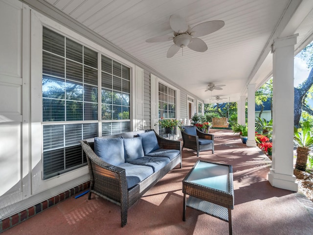 view of patio / terrace featuring an outdoor hangout area, ceiling fan, and a porch