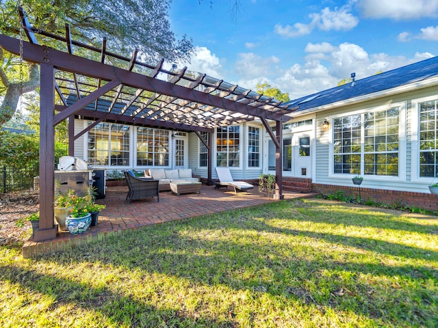 back of property featuring a lawn, an outdoor living space, a pergola, and a patio