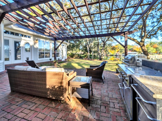 view of patio / terrace with an outdoor living space, an outdoor kitchen, a bar, and a pergola