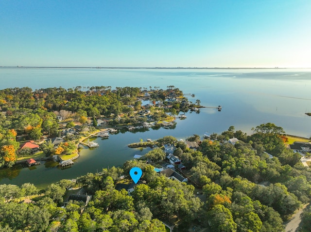 drone / aerial view with a water view