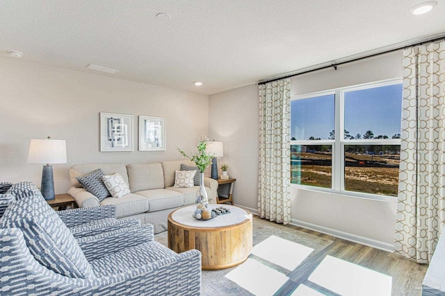 living room featuring plenty of natural light, a textured ceiling, and light hardwood / wood-style flooring