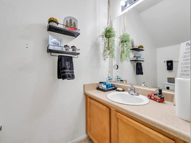 bathroom with vanity and lofted ceiling