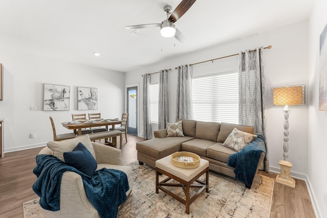 living room featuring ceiling fan and light hardwood / wood-style flooring