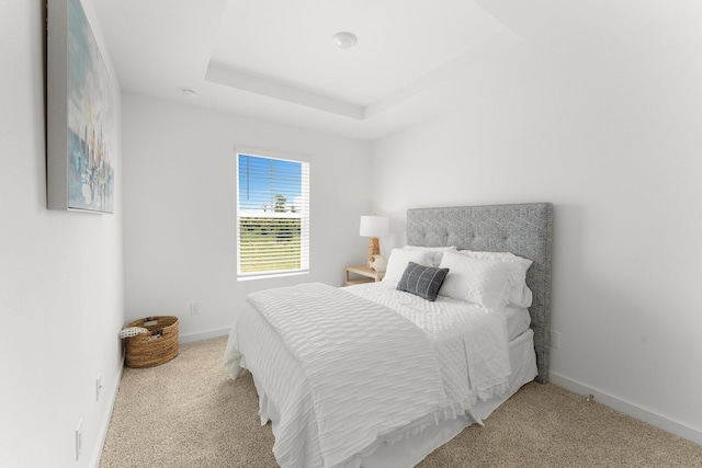 bedroom with light colored carpet and a raised ceiling