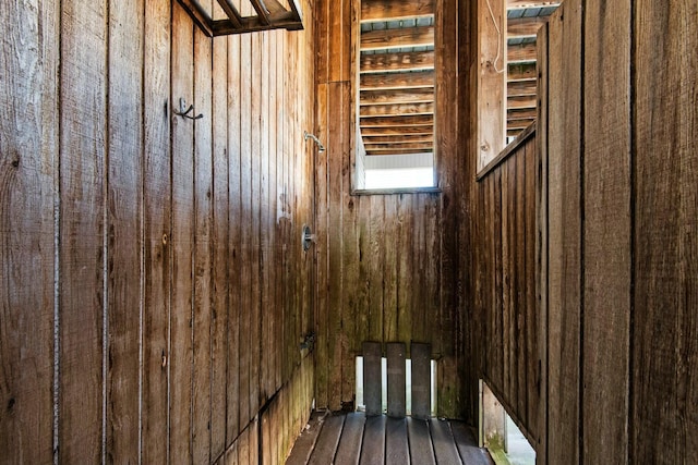 7646 Gulf Blvd, Navarre, FL 32566 - stairs featuring wooden walls and hardwood / wood-style flooring