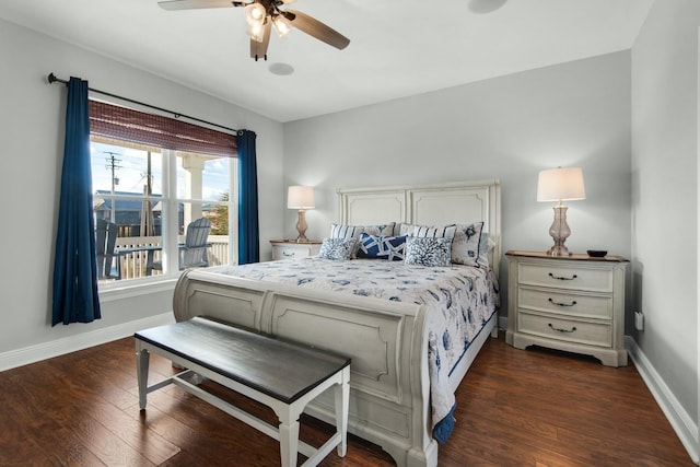 bedroom featuring ceiling fan and dark hardwood / wood-style flooring