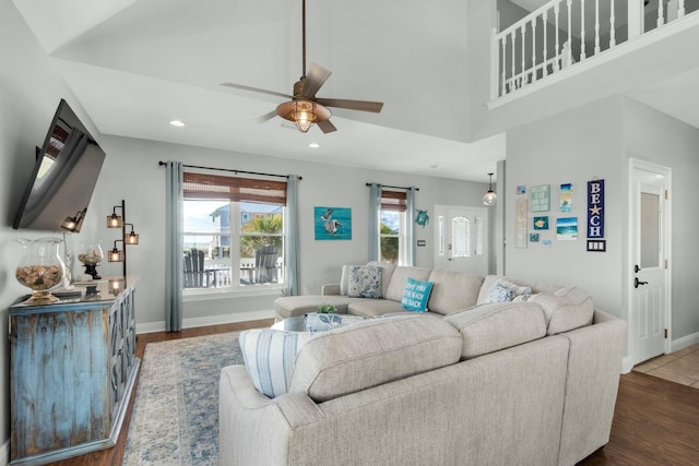 7646 Gulf Blvd, Navarre, FL 32566 - living area featuring a ceiling fan, wood finished floors, and recessed lighting