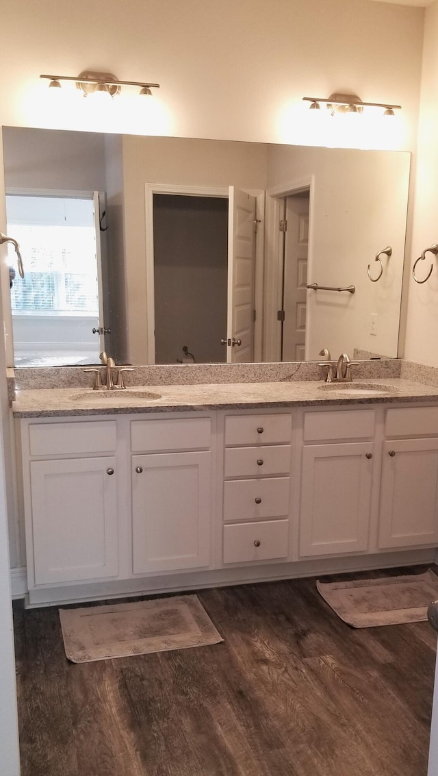 bathroom with hardwood / wood-style floors and vanity