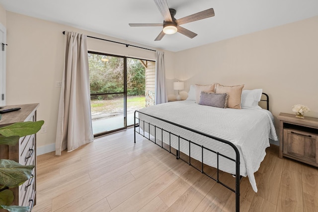 bedroom featuring ceiling fan, access to exterior, and light wood-type flooring