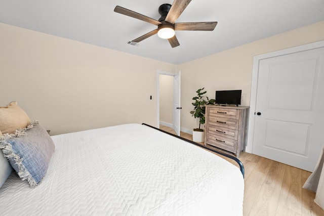 bedroom with ceiling fan and light wood-type flooring